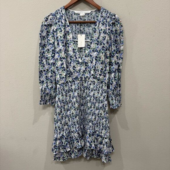Veronica Beard Darrah Smocked Dress‎ Size 0 Floral Minidress V-Neck Ruffle Hem - Picture 4 of 14